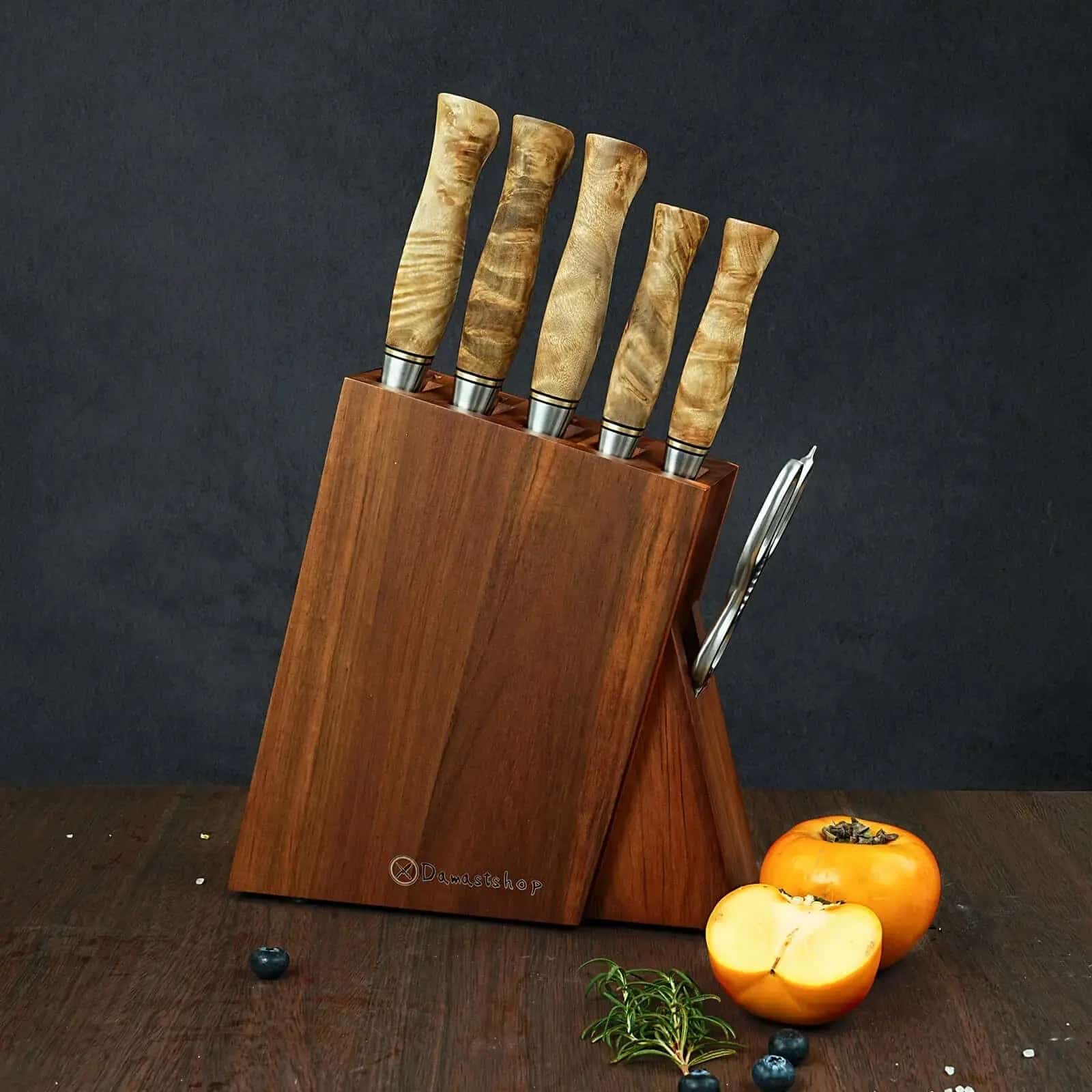 Damast Messer 5er Set Bergahorn im Akazien Messerblock mit Schere Damastshop.de - Damastshop