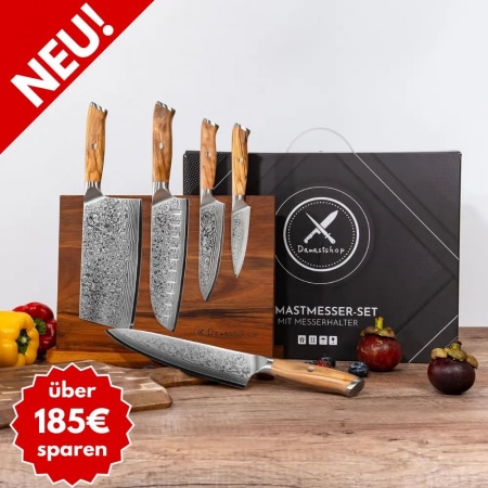 Damast Messer 5er Geschenkset Olive mit Messerbrett Damastshop.de - Damastshop